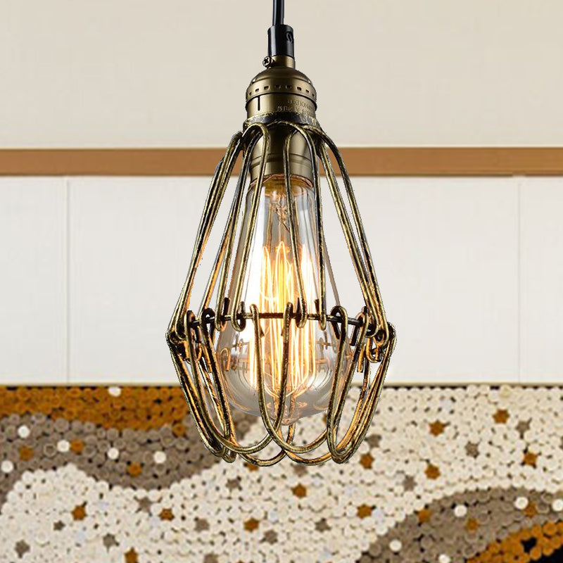 Rustic Diamond Cage Hanging Light Pendant for Restaurants - 1 Head, Wrought Iron Design in Black/Brass