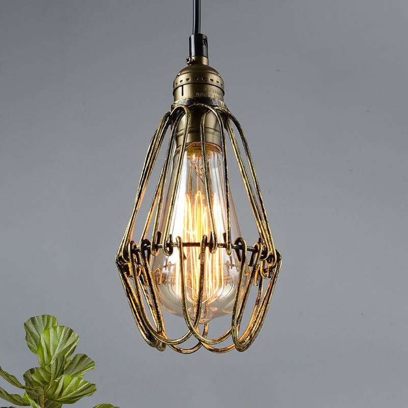 Rustic Diamond Cage Hanging Light Pendant for Restaurants - 1 Head, Wrought Iron Design in Black/Brass