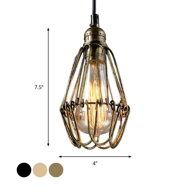Rustic Diamond Cage Hanging Light Pendant for Restaurants - 1 Head, Wrought Iron Design in Black/Brass