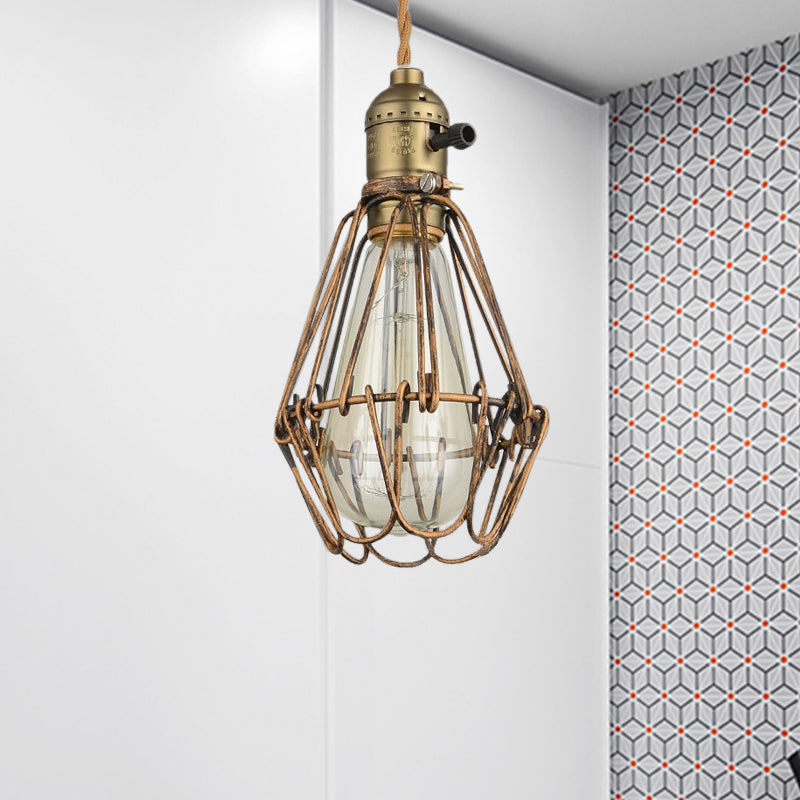 Rustic Diamond Cage Hanging Light Pendant for Restaurants - 1 Head, Wrought Iron Design in Black/Brass
