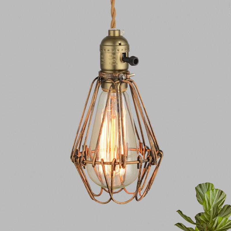 Rustic Diamond Cage Hanging Light Pendant for Restaurants - 1 Head, Wrought Iron Design in Black/Brass
