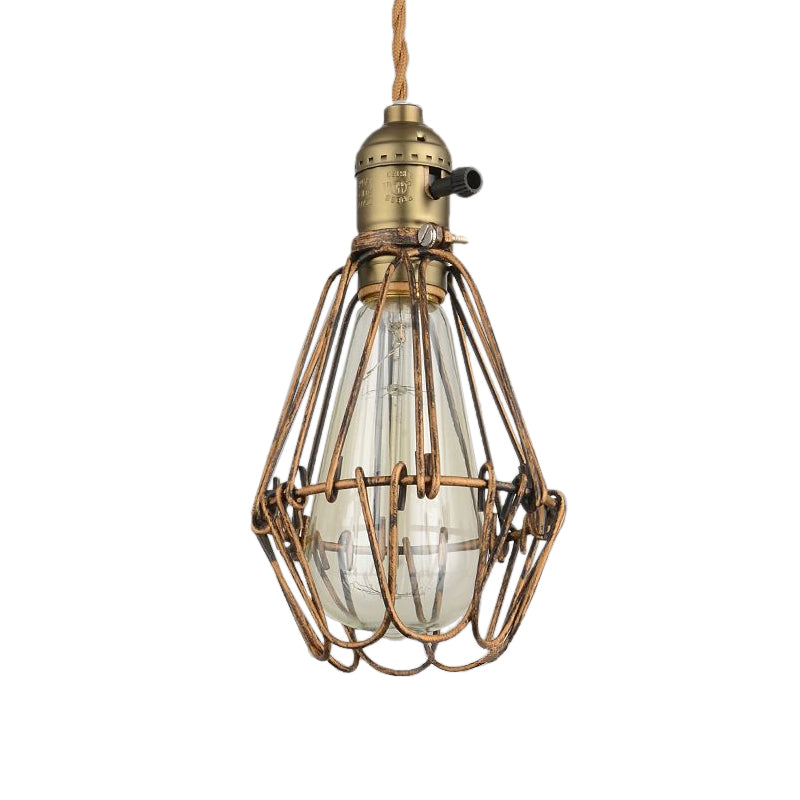 Rustic Diamond Cage Hanging Light Pendant for Restaurants - 1 Head, Wrought Iron Design in Black/Brass