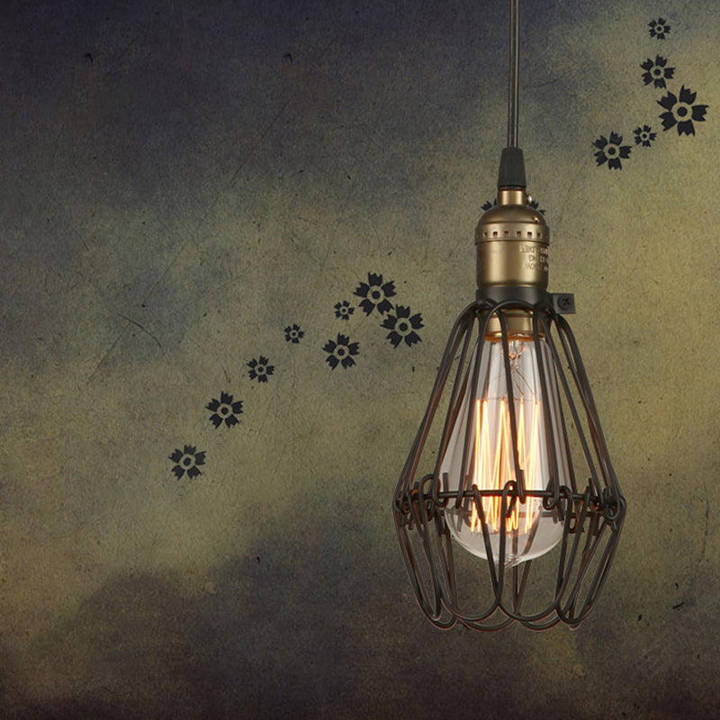 Rustic Diamond Cage Hanging Light Pendant for Restaurants - 1 Head, Wrought Iron Design in Black/Brass