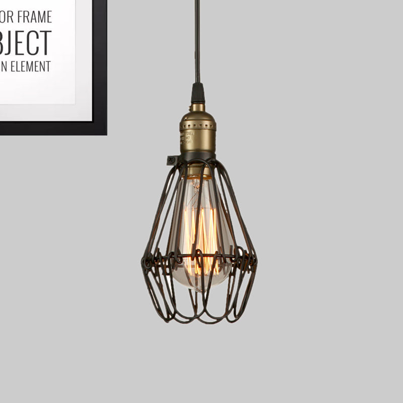 Rustic Diamond Cage Hanging Light Pendant for Restaurants - 1 Head, Wrought Iron Design in Black/Brass