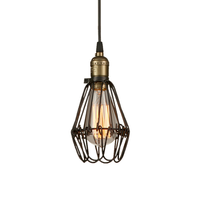 Rustic Diamond Cage Hanging Light Pendant for Restaurants - 1 Head, Wrought Iron Design in Black/Brass