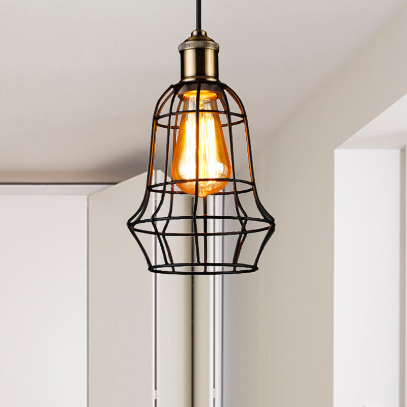 Antique Style Black Head Vase Cage Pendant Light for Bar with Metallic Finish, 6"/7.5" Width