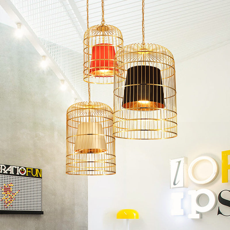 Vintage Metal Bird Cage Pendant Light with Tapered Fabric Shade - Red/White 1-Light Hanging Lamp for Dining Room