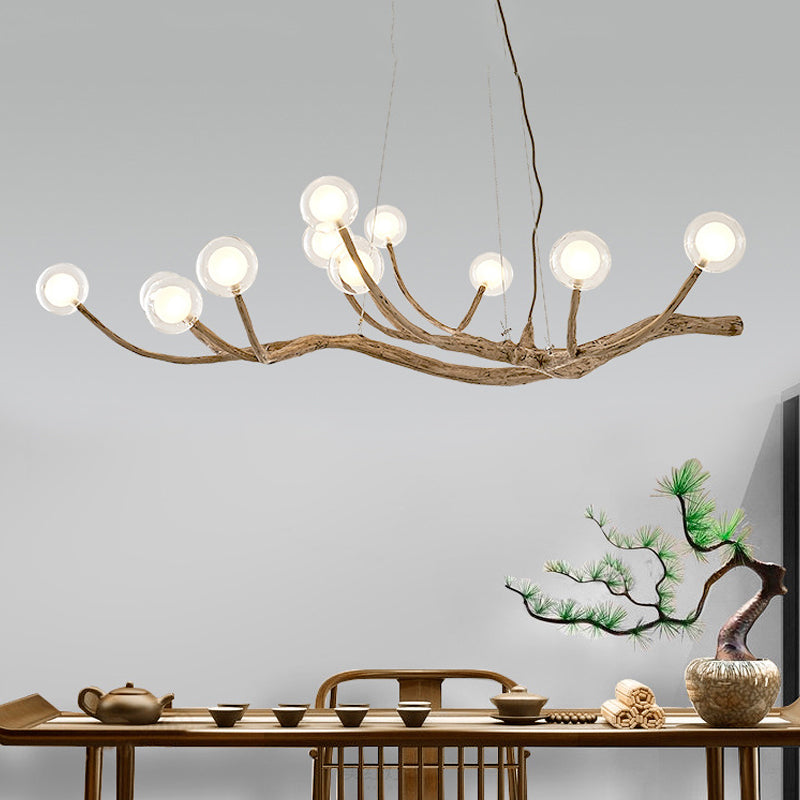 Wooden Branch Chandelier Lodge Style Ceiling Light with Glass Ball Shade - Warm/White Light, 8/12/16 Lights
