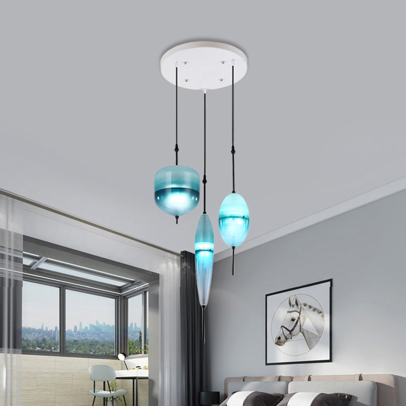 Blue Modernist Teardrop Cluster Pendant Light Fixture with 3 Glass Lights for Living Room