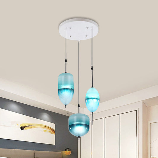 Luminaire suspendu en forme de larme bleu moderniste avec 3 lumières en verre pour le salon