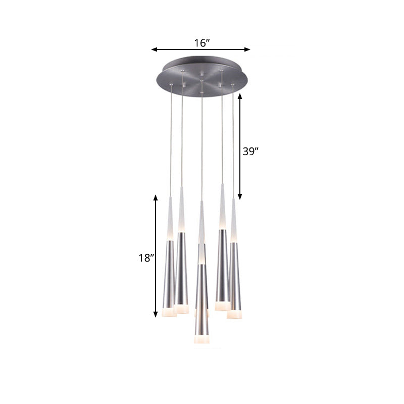 Modern Metal Tapered Hanging Lamp with Silver Pendant Light - 5/6 Heads for Dining Room in Warm/White/Neutral