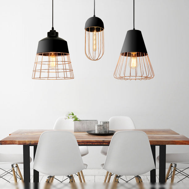 Wire Cage Hanging Light With Cone/Oval/Barrel Shade - Retro Style Pendant Lamp 1 Black/White Ideal