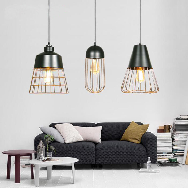 Wire Cage Hanging Light With Cone/Oval/Barrel Shade - Retro Style Pendant Lamp 1 Black/White Ideal