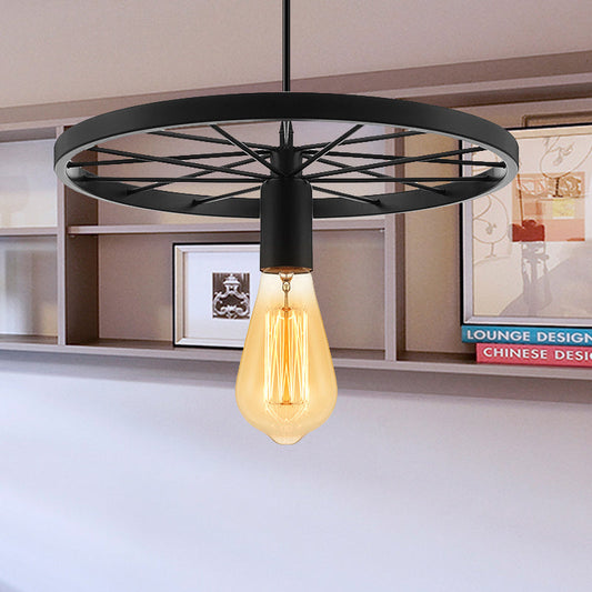 Vintage Wheel Decorated Bare Bulb Ceiling Light In Blue/Yellow: Wrought Iron Pendant Lamp Black