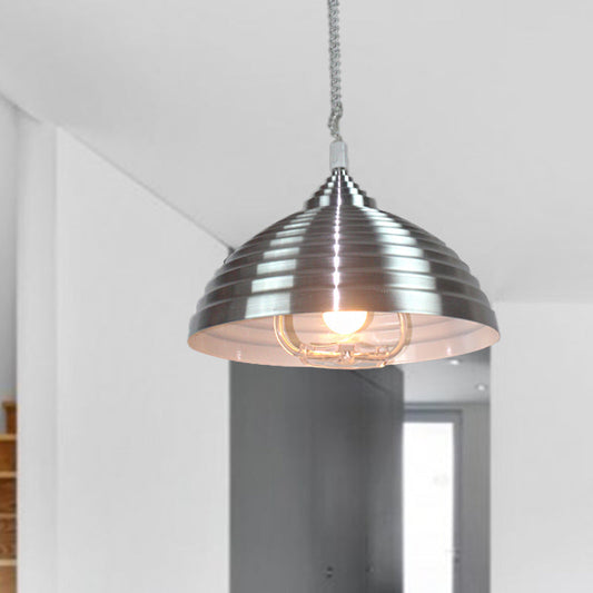 Vintage Rose Red/Nickel Domed Hanging Light Pendant with Ribbed Design - Indoor Metal Lighting, 1 Bulb