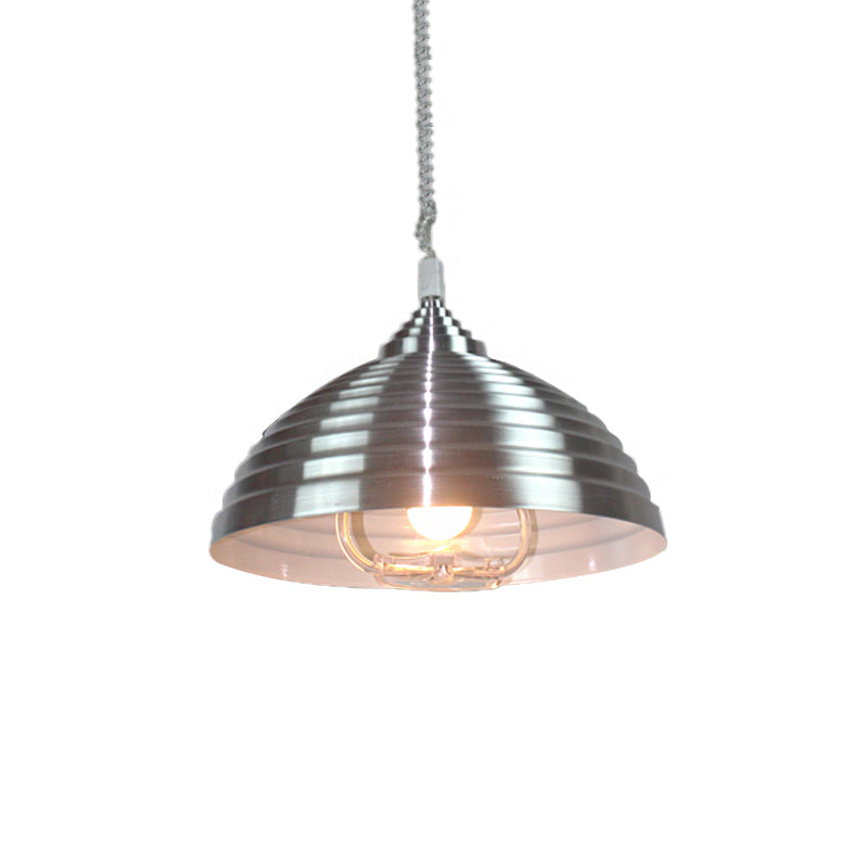 Vintage Rose Red/Nickel Domed Hanging Light Pendant with Ribbed Design - Indoor Metal Lighting, 1 Bulb