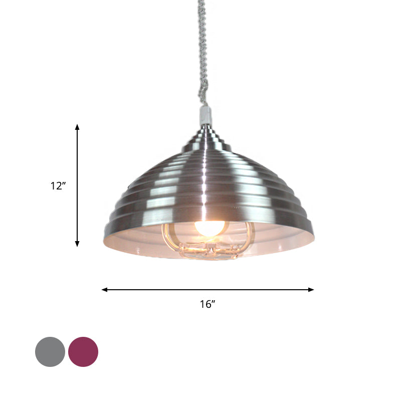 Vintage Rose Red/Nickel Domed Hanging Light Pendant with Ribbed Design - Indoor Metal Lighting, 1 Bulb