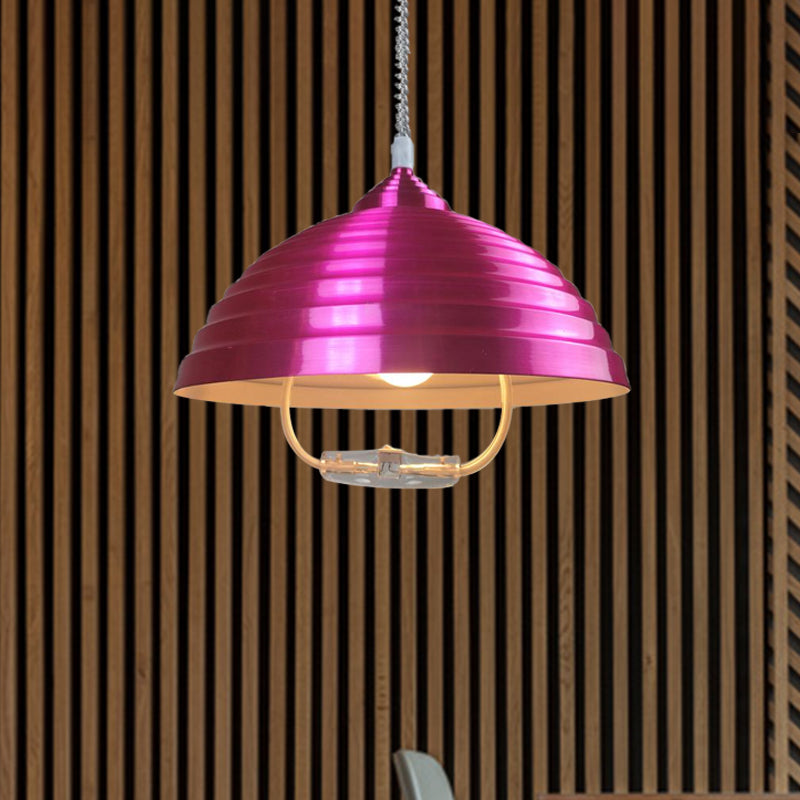 Vintage Rose Red/Nickel Domed Hanging Light Pendant with Ribbed Design - Indoor Metal Lighting, 1 Bulb