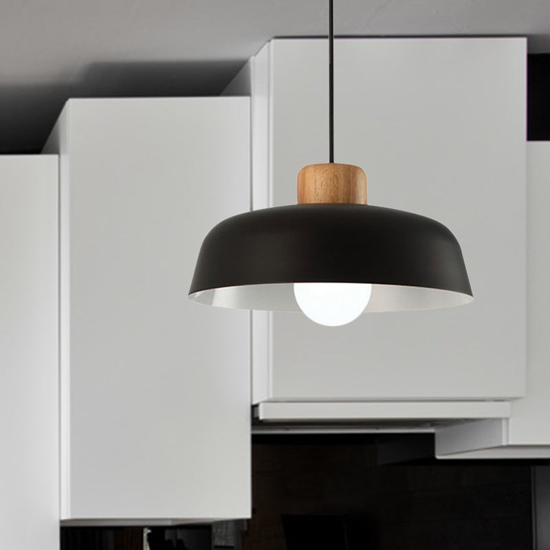 Luminaire suspendu en forme de bol de style nordique en métal noir/blanc et bois avec cordon réglable