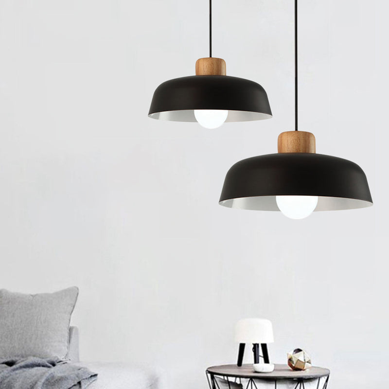 Luminaire suspendu en forme de bol de style nordique en métal noir/blanc et bois avec cordon réglable