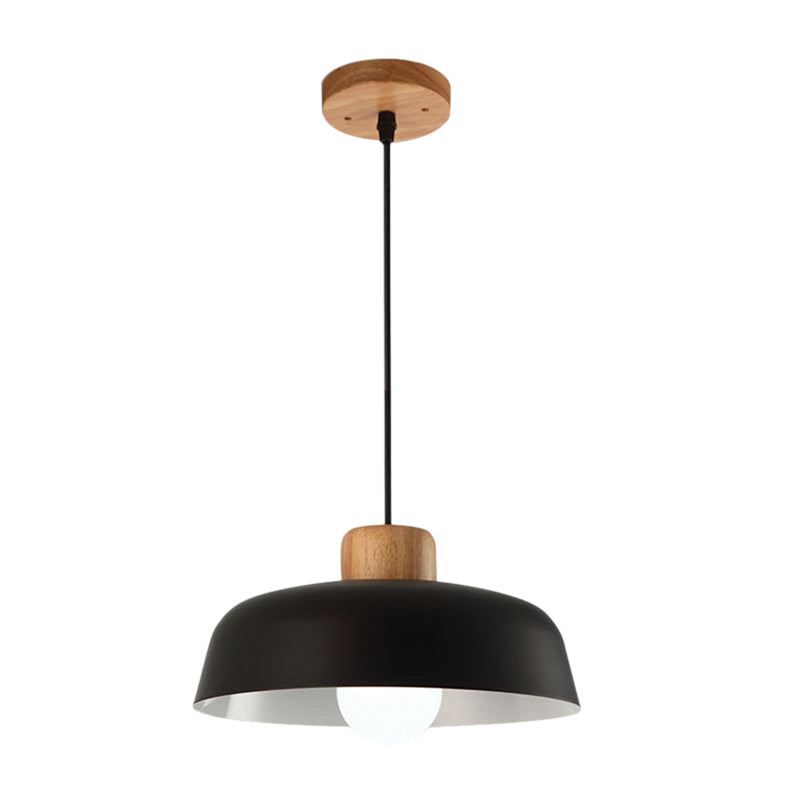 Luminaire suspendu en forme de bol de style nordique en métal noir/blanc et bois avec cordon réglable