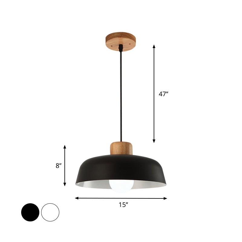 Luminaire suspendu en forme de bol de style nordique en métal noir/blanc et bois avec cordon réglable