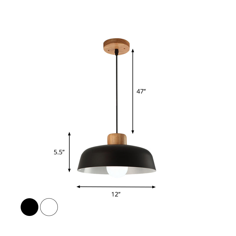 Luminaire suspendu en forme de bol de style nordique en métal noir/blanc et bois avec cordon réglable