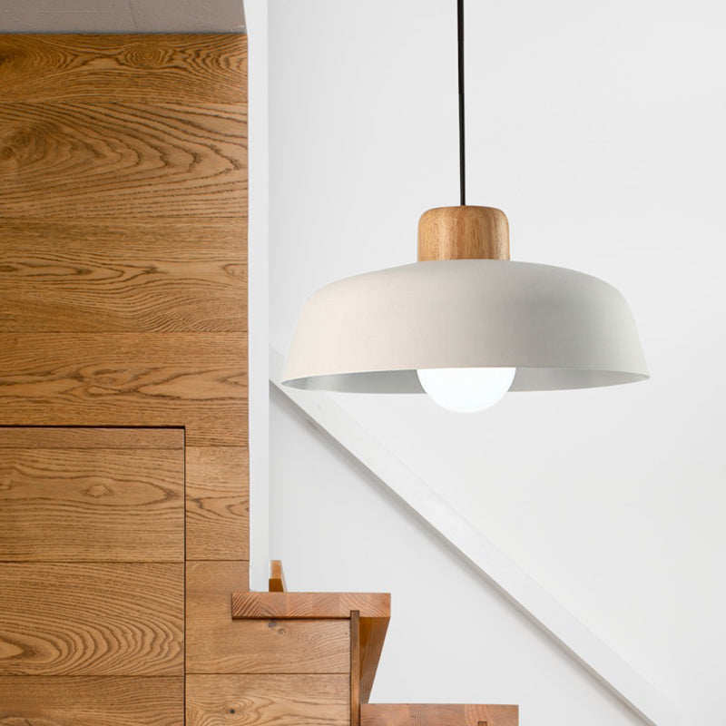 Luminaire suspendu en forme de bol de style nordique en métal noir/blanc et bois avec cordon réglable