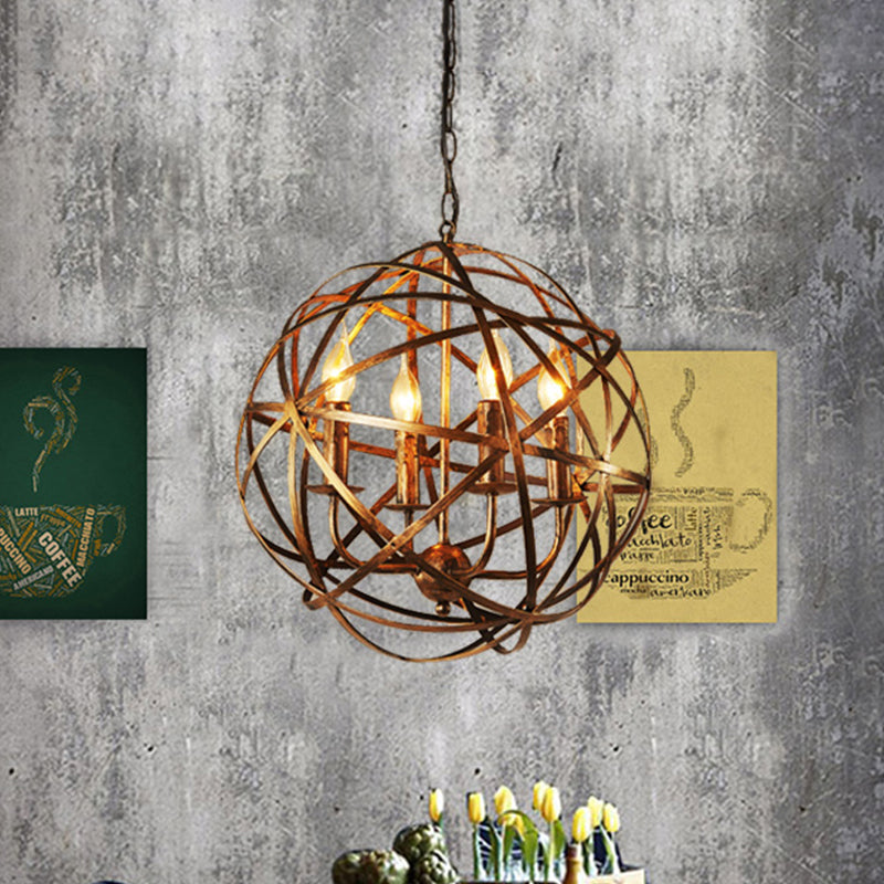 Lustre de plafond à 4 têtes de style vintage avec abat-jour en forme de cage en fer en laiton antique pour salle à manger