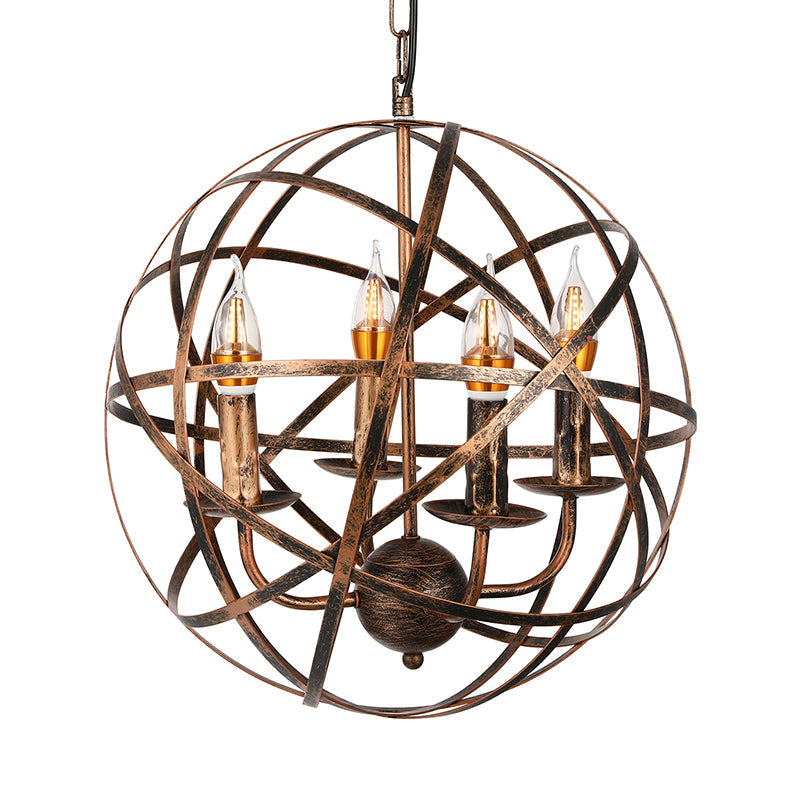 Lustre de plafond à 4 têtes de style vintage avec abat-jour en forme de cage en fer en laiton antique pour salle à manger