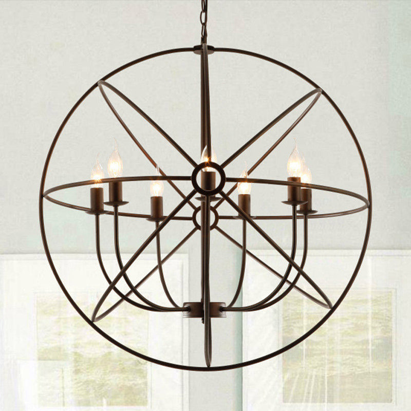 Suspension sphérique en fer forgé : lustre d'intérieur de style antique en noir/rouille avec 3/6/7 lumières