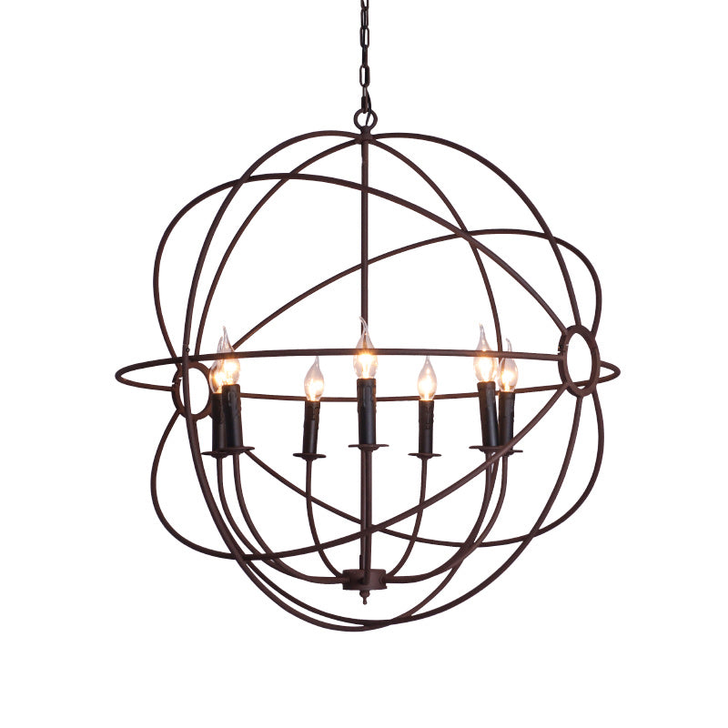 Suspension sphérique en fer forgé : lustre d'intérieur de style antique en noir/rouille avec 3/6/7 lumières