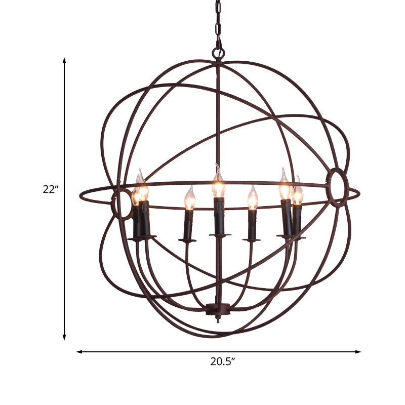 Suspension sphérique en fer forgé : lustre d'intérieur de style antique en noir/rouille avec 3/6/7 lumières