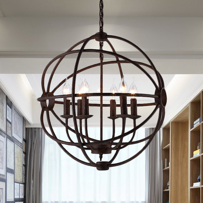 Suspension sphérique en fer forgé : lustre d'intérieur de style antique en noir/rouille avec 3/6/7 lumières