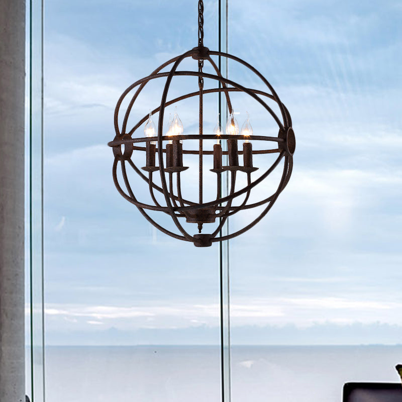 Suspension sphérique en fer forgé : lustre d'intérieur de style antique en noir/rouille avec 3/6/7 lumières