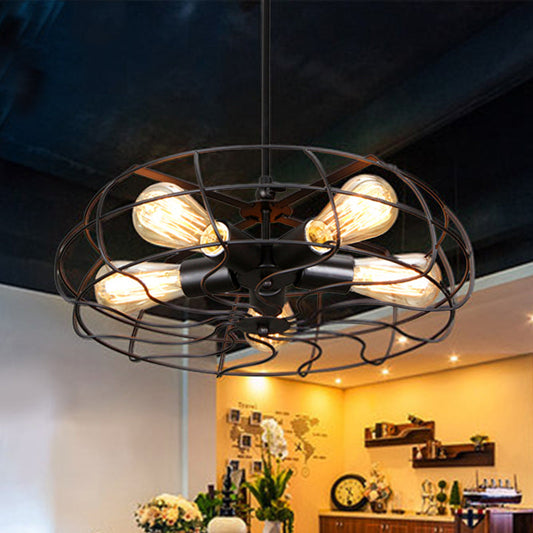 Vintage Round Cage Pendant Chandelier Lamp - 5 Bulbs, Wrought Iron, Black/Rust Finish