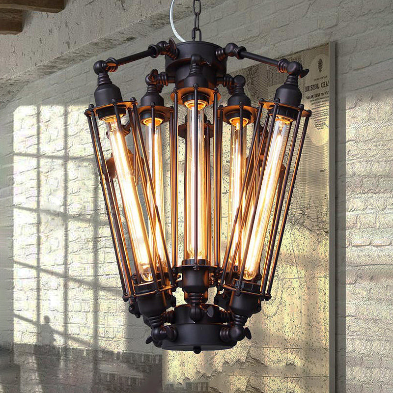 Luminaire suspendu vintage en fer - Luminaire de salle à manger à 8 têtes en métal tubulaire en fil de fer noir