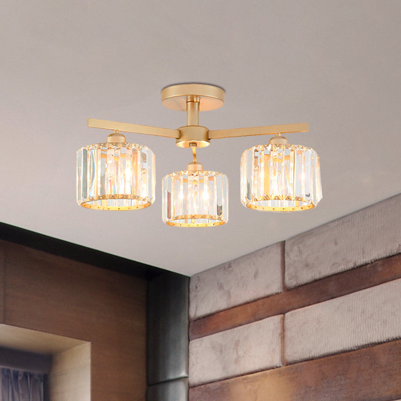 Nordic Crystal Semi Flush Mount Ceiling Light for Bedroom and Living Room - Cylindrical Shade, 3/5-Light, Champagne