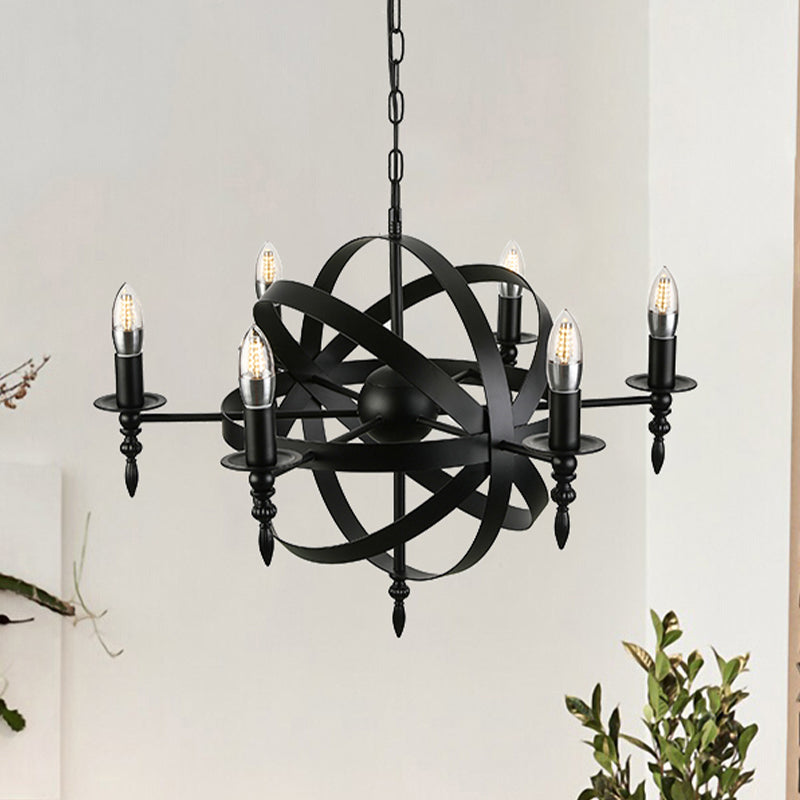 Vintage Style Metal Pendant Light with Candle Design - Orbit Cage Indoor Chandelier (6/8 Lights) in Black/Rust