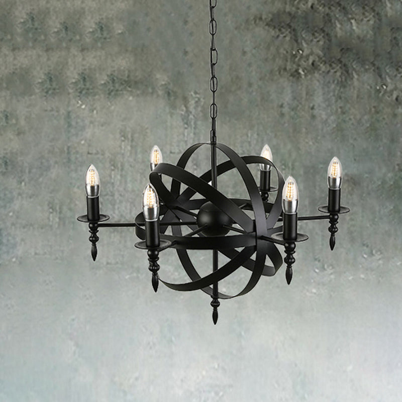 Vintage Style Metal Pendant Light with Candle Design - Orbit Cage Indoor Chandelier (6/8 Lights) in Black/Rust