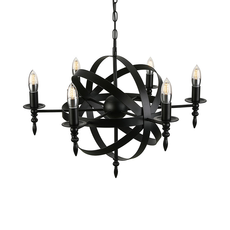 Vintage Style Metal Pendant Light with Candle Design - Orbit Cage Indoor Chandelier (6/8 Lights) in Black/Rust