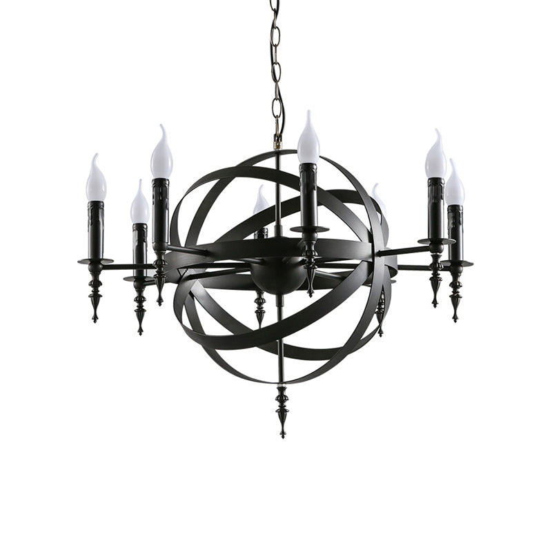 Vintage Style Metal Pendant Light with Candle Design - Orbit Cage Indoor Chandelier (6/8 Lights) in Black/Rust