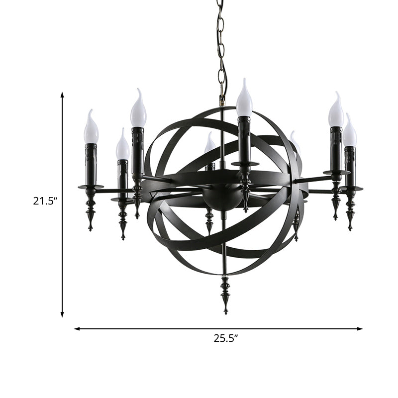 Vintage Style Metal Pendant Light with Candle Design - Orbit Cage Indoor Chandelier (6/8 Lights) in Black/Rust