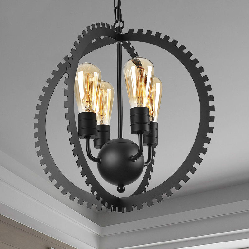Lustre industriel rustique à armature circulaire avec 4 têtes, noir/fer rouillé, design d'engrenage