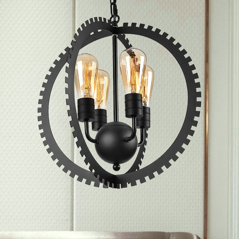 Lustre industriel rustique à armature circulaire avec 4 têtes, noir/fer rouillé, design d'engrenage