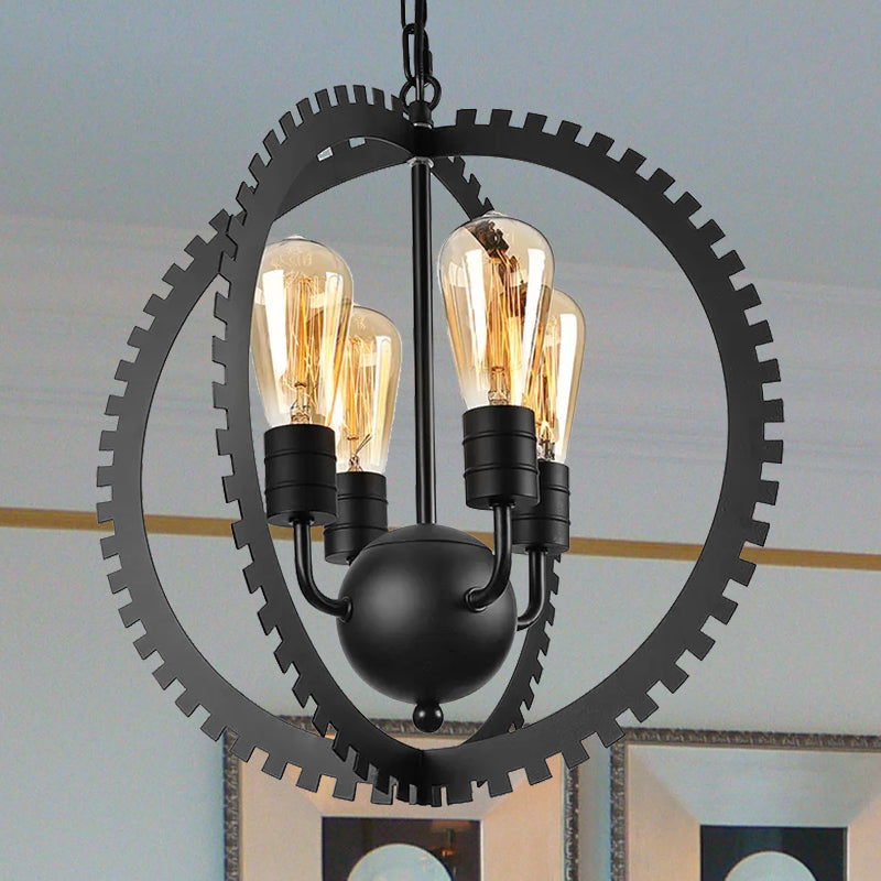 Lustre industriel rustique à armature circulaire avec 4 têtes, noir/fer rouillé, design d'engrenage