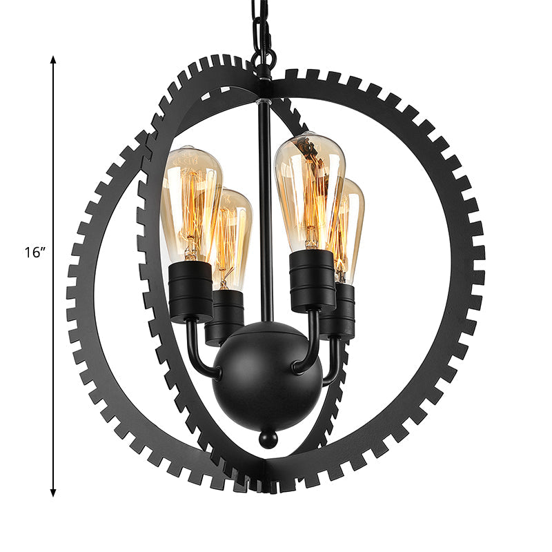 Lustre industriel rustique à armature circulaire avec 4 têtes, noir/fer rouillé, design d'engrenage