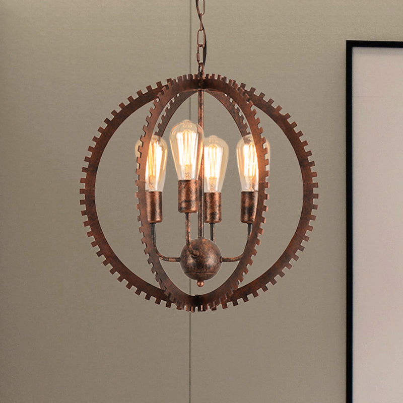 Lustre industriel rustique à armature circulaire avec 4 têtes, noir/fer rouillé, design d'engrenage
