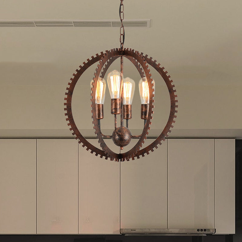 Lustre industriel rustique à armature circulaire avec 4 têtes, noir/fer rouillé, design d'engrenage
