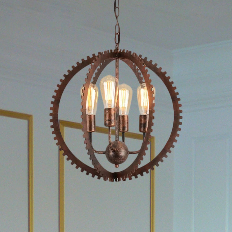 Lustre industriel rustique à armature circulaire avec 4 têtes, noir/fer rouillé, design d'engrenage